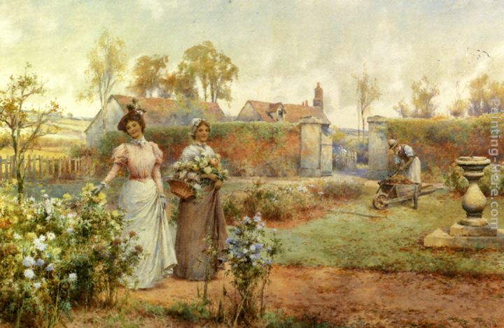 A Lady And Her Maid Picking Chrysanthemums painting - Alfred Glendening A Lady And Her Maid Picking Chrysanthemums art painting